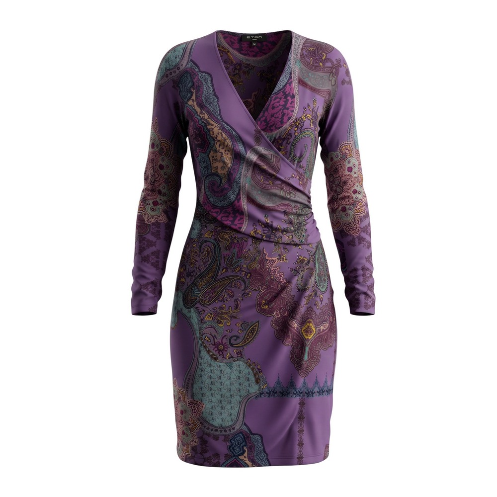 Etro Paisley Wrap Dress 44 Purple Wool Blend Long Sleeve Italian Boho Luxury